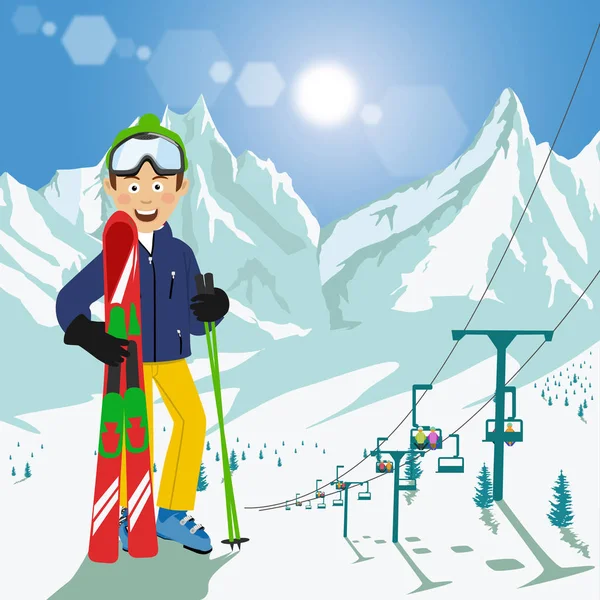 Jovem com esquis e postes em pé em frente às montanhas com elevador de cadeira de esqui e sol brilhante na estância de esqui — Vetor de Stock