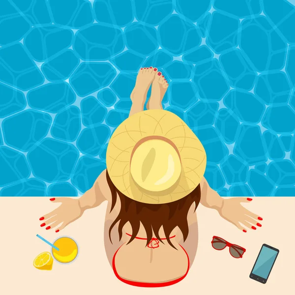 Молода жінка в солом'яному капелюсі сидить на краю басейну. Вид зверху — стоковий вектор