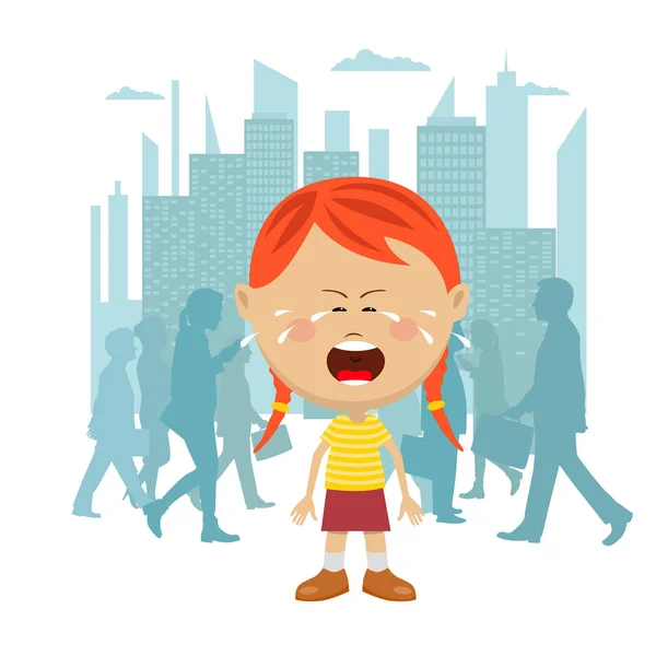 Κοριτσάκι έχασε στην πόλη κλαίει μπροστά από ένα πλήθος των ανθρώπων που περνούν από — Διανυσματικό Αρχείο