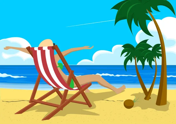 Mulher com os braços bem abertos sentada em uma cadeira na praia tropical com palmeiras olhando para a distância — Vetor de Stock
