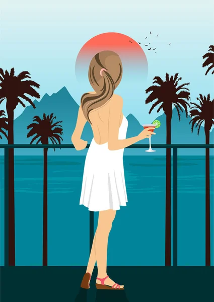 Γυναίκα στη θάλασσα ανάχωμα με φοίνικες στο ηλιοβασίλεμα — Διανυσματικό Αρχείο