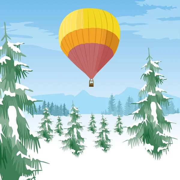 Globo aéreo volando sobre el bosque en el valle nevado — Vector de stock