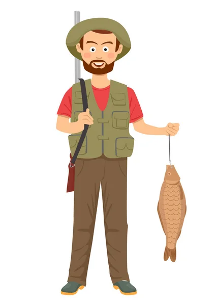 Happy hunter with shotgun and fish in hand — Stock Vector