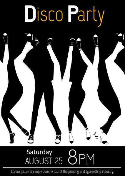 Disko partisi ilanı. Dans bacaklar closeup. Siyah beyaz resim — Stok Vektör