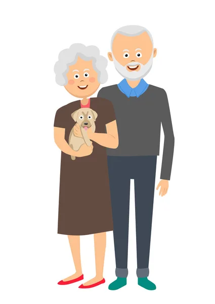 Senior couple standing with a puppy dog — Stock Vector