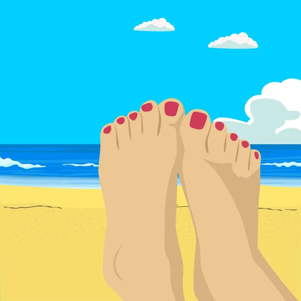 女人的脚特写。女孩对日光浴浴床在阳光灿烂的夏天一天享受阳光海滩上放松。假期假期. — 图库矢量图片