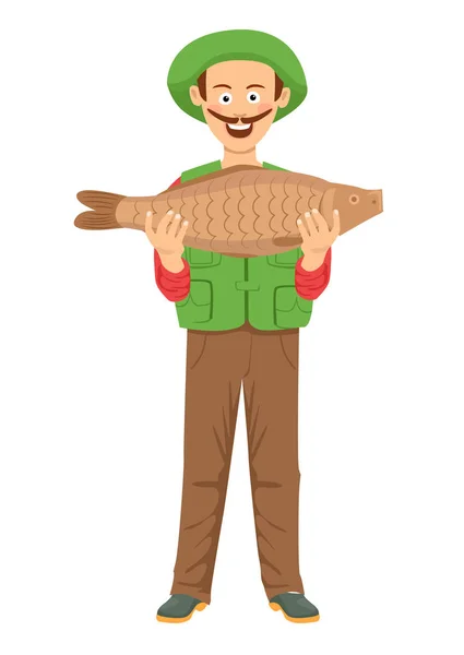 Lindo pescador con bigote sosteniendo un pez grande — Vector de stock