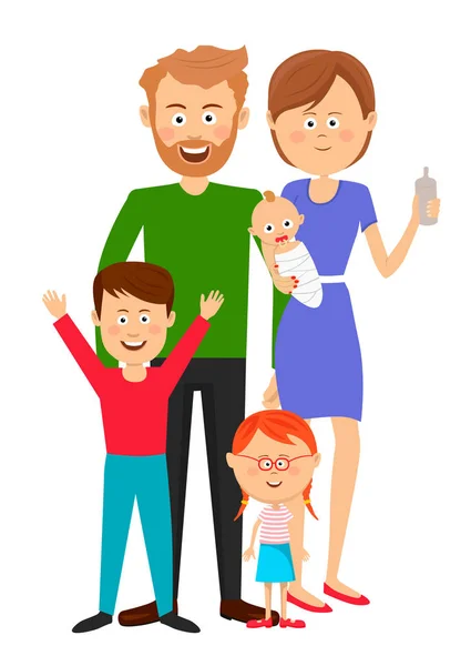 Mutlu aile baba anne oğul kız ve beyaz arka plan üzerinde duran bebek — Stok Vektör