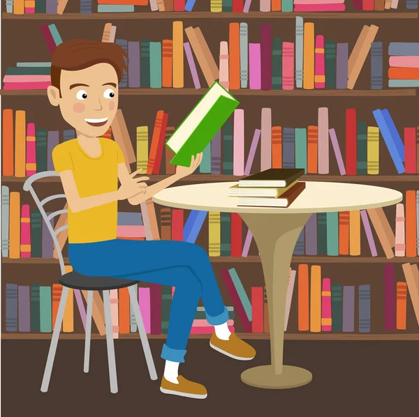 Male student reads textbook sitting at the table in college library — Stock Vector