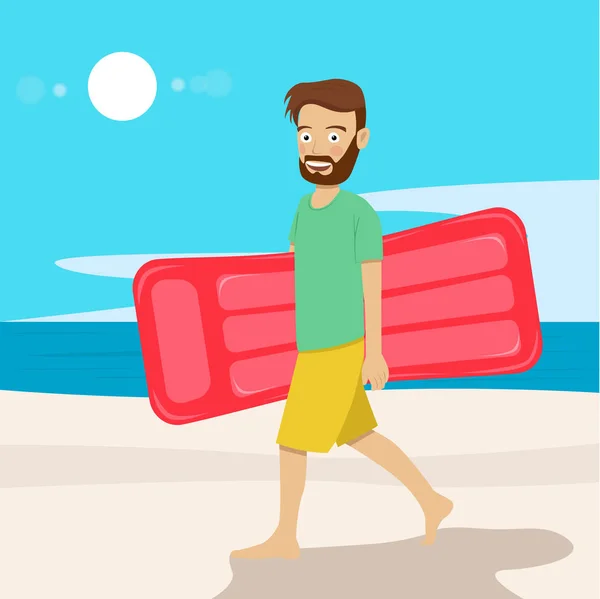 Junger Hipster-Mann mit Luftmatratze läuft am Strand entlang — Stockvektor
