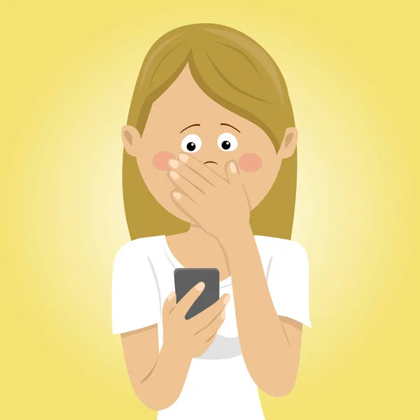 Young worried woman holding mobile phone received bad message covering mouth with her hand — Stock Vector