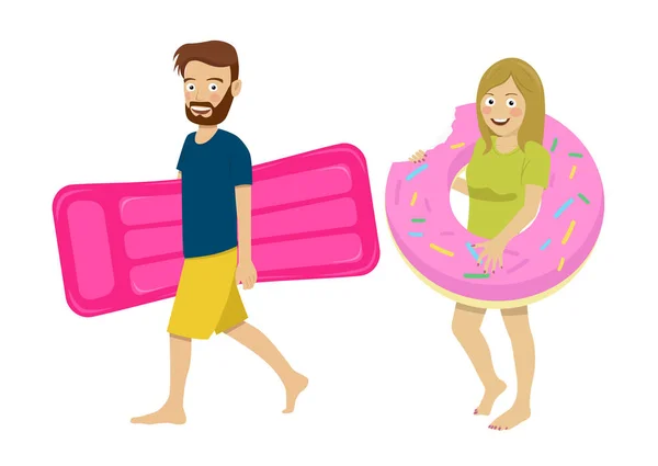 Молода пара ходить з надувним матрацом і посипаний пончик плаває — стоковий вектор