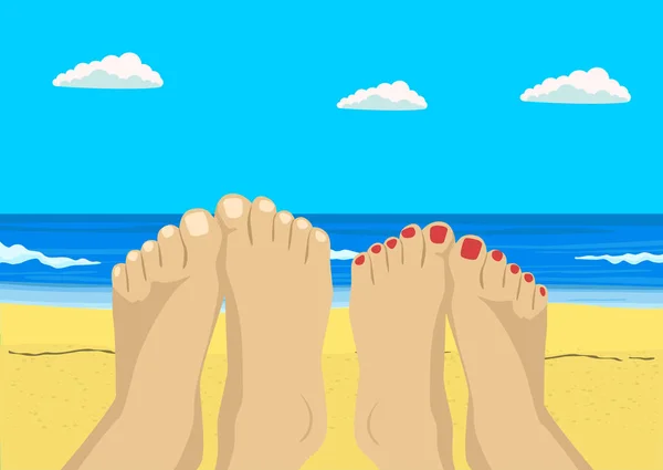 Pies femeninos y masculinos en playa tropical — Vector de stock