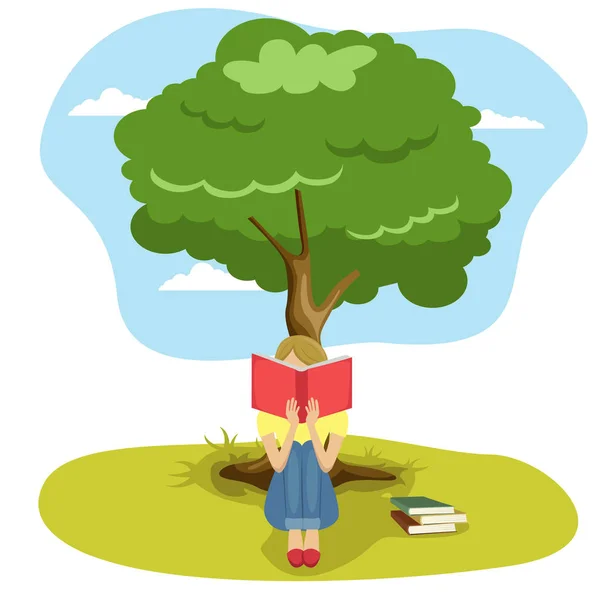 Chica leyendo libro sentado bajo el árbol de la sabiduría — Vector de stock