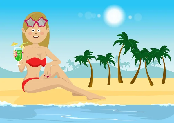 Jonge vrouw in bikini met cocktail zittend op tropisch strand — Stockvector