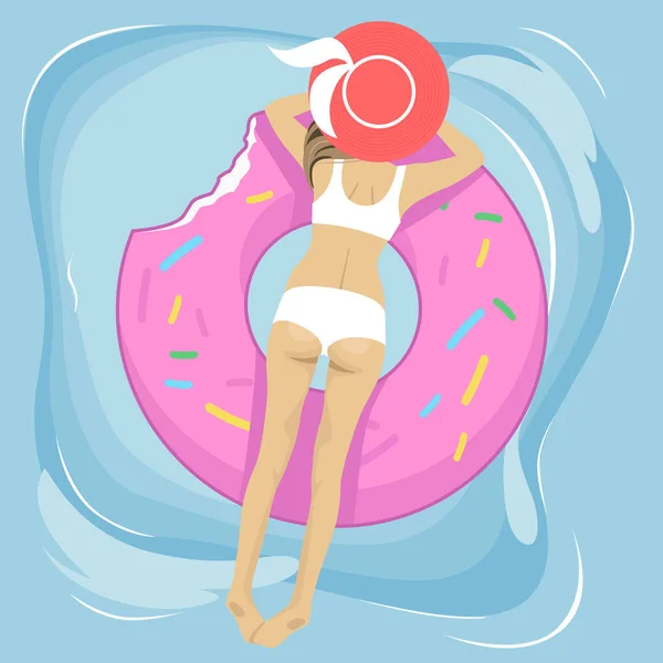 Sexy Frau und aufblasbarer Schwimmring in Form eines Donuts im Pool — Stockvektor