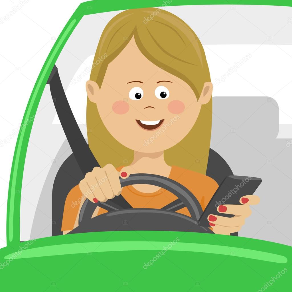 Young woman using her smartphone behind the wheel. Problem addiction danger concept