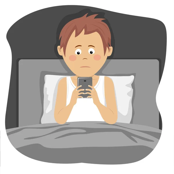 Adolescente chico utiliza teléfono inteligente sentado en la cama por la noche — Archivo Imágenes Vectoriales
