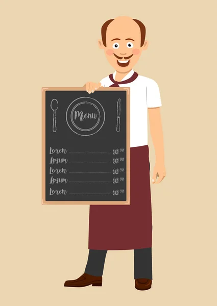 Plešatý kuchař s knírem drží menu tabule s textem — Stockový vektor
