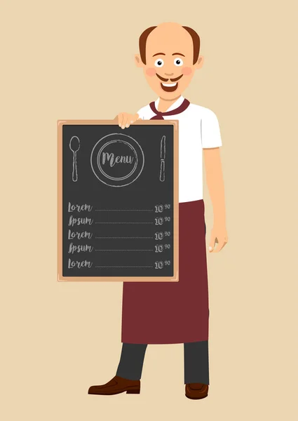 Chef calvo con bigote sosteniendo el menú pizarra con texto — Vector de stock