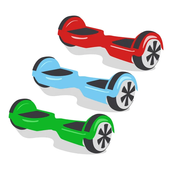 Giroscópios multicoloridos, transporte ecológico pessoal, scooter giroscópio, roda de balanço inteligente. Novas tecnologias modernas —  Vetores de Stock