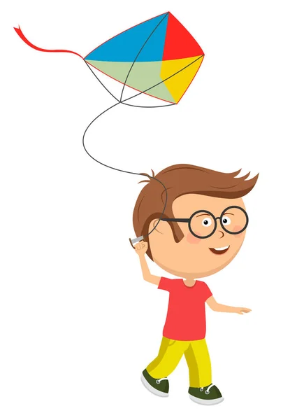 Mignon petit nerd garçon avec lunettes jouer avec coloré cerf-volant — Image vectorielle