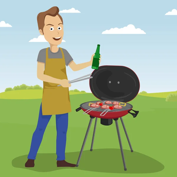 Knappe man barbecue braadrooster buitenshuis houden een fles en tangen — Stockvector