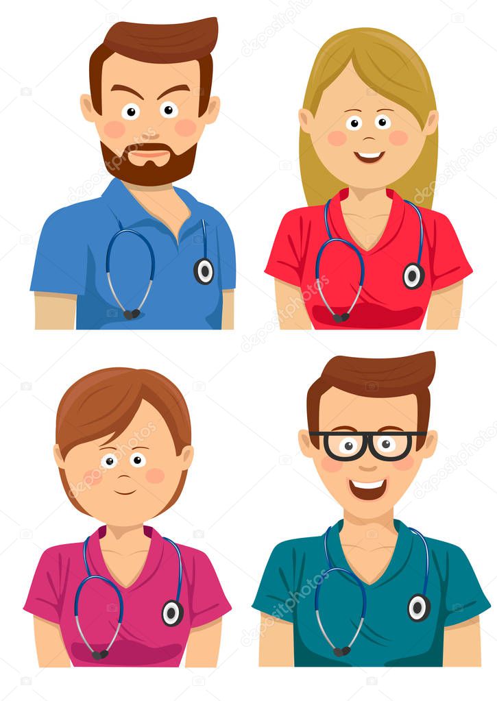 Avatars of young hospital workers in multicolored scrubs