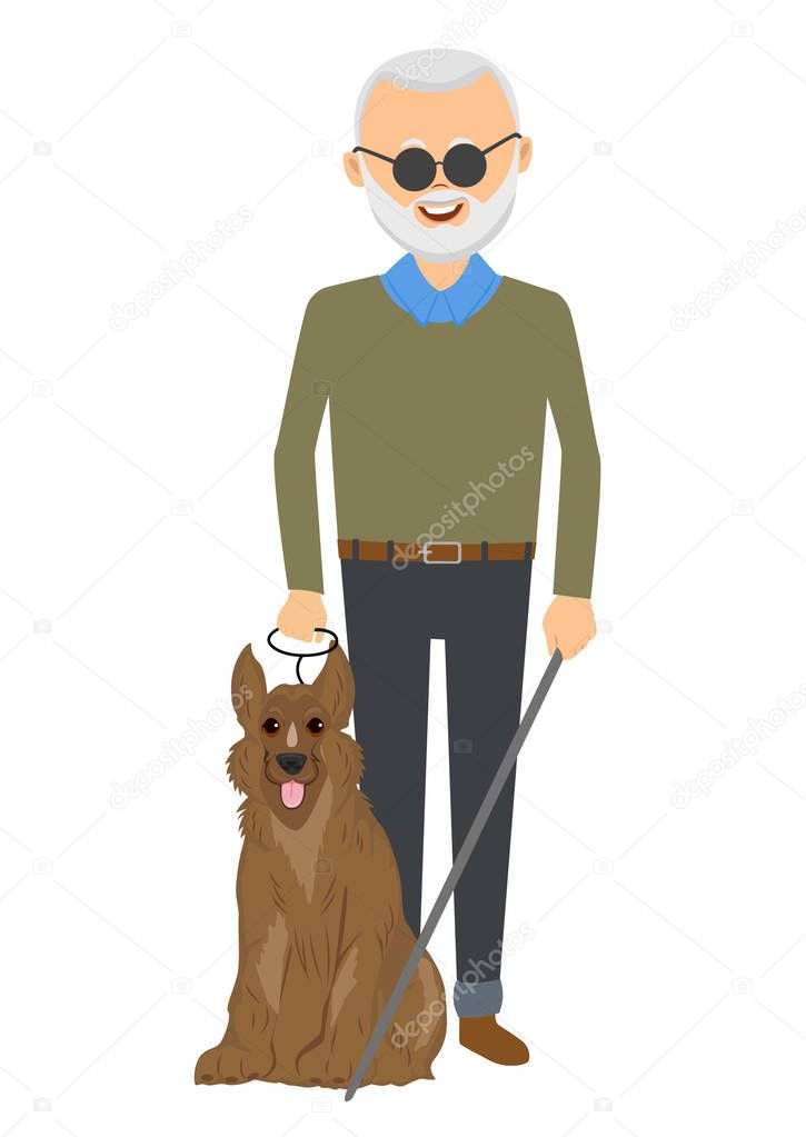 Senior blind man standing with guide dog