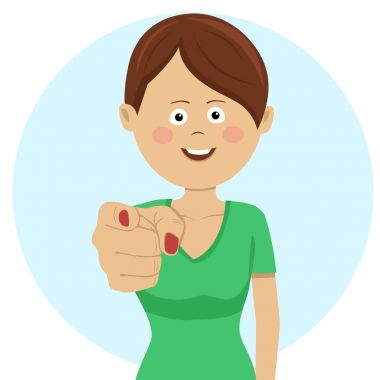 Size gülümseyen genç başarılı işkadını işaret parmağı