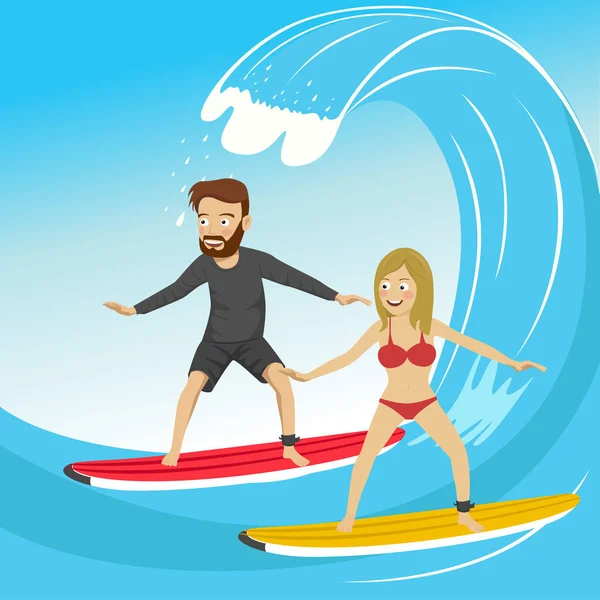 Surfen. junges Paar beim Wellenreiten. Aktiver Lebensstil im Sommer. — Stockvektor