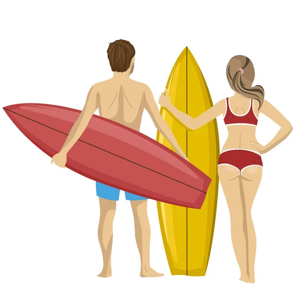 Vista trasera de la joven pareja de pie con sus tablas de surf — Vector de stock