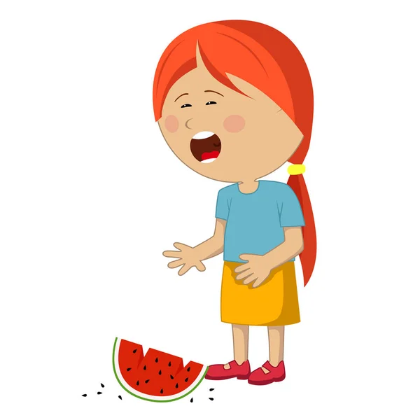 Liten flicka gråter tappade skiva vattenmelon — Stock vektor