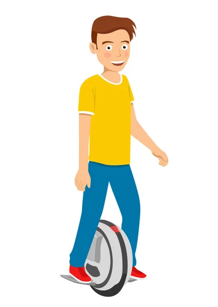 Teenager boy riding a self balancing unicycle electric scooter — Stock Vector