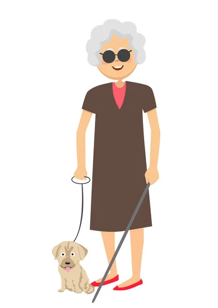 Vedoucí slepá žena stojící s asistenčním psem — Stockový vektor