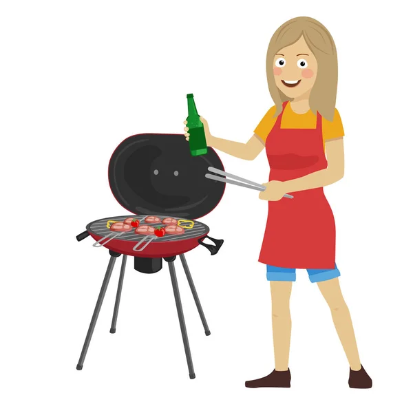 Young happy woman cooking barbecue grill holding a bottle and tongs — Stock Vector