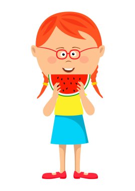 Küçük şirin inek kırmızı saçlı kız karpuz yeme