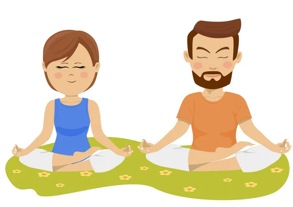 Concepto de fitness, deporte y personas: hacer ejercicios de yoga en pareja al aire libre — Vector de stock