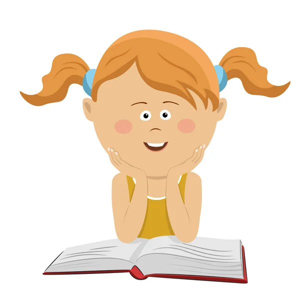 Açık bir kitap ile oturan akıllı küçük kız — Stok Vektör