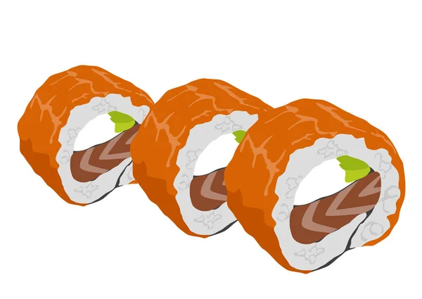 Filadélfia rolo sushi com salmão, camarão, abacate, creme de queijo. Menu Sushi. Comida japonesa. — Vetor de Stock