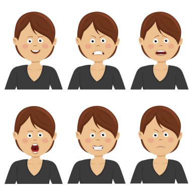 Çeşitli avatar ifadeleri ile genç işkadını ayarlayın. Düz çizimler