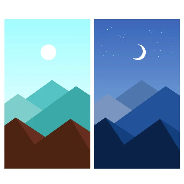 Paisaje montañoso plano de verano abstracto. De día, de noche. Fondos de pantalla para dispositivo móvil — Vector de stock