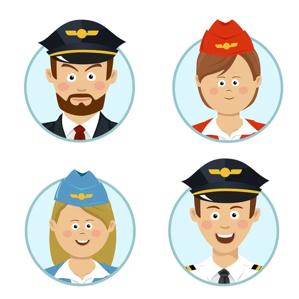 Piloten en lucht gastvrouwen bedrijf professionele mensen avatars teken platte pictogram — Stockvector