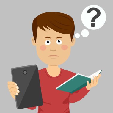Genç okul çocuk chosing arasında tablet ve ders kitabı soru işareti onun Merkez over