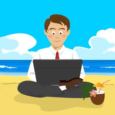 Genç adam lotus duruş tropikal plajda laptop ile çalışma