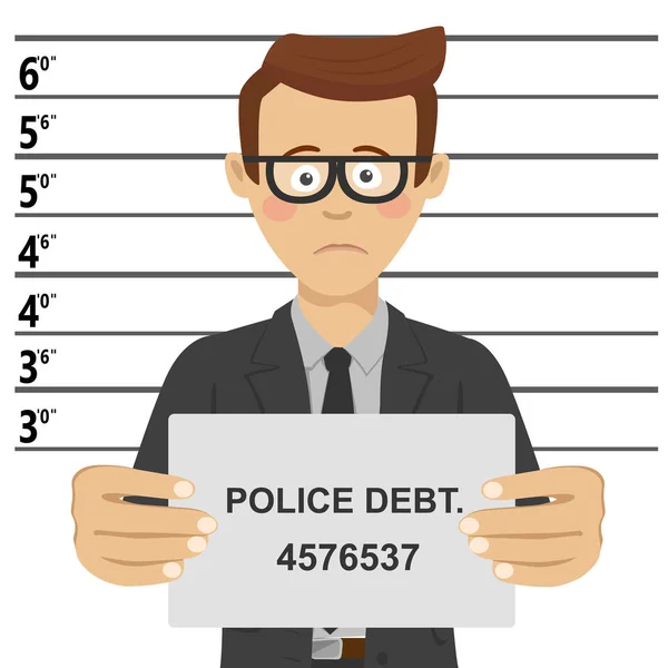 Young businessman with glasses posing for mugshot holding signboard with police debt text — Stock Vector