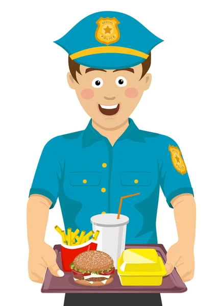 Joven policía lindo sosteniendo una bandeja con comida rápida — Archivo Imágenes Vectoriales