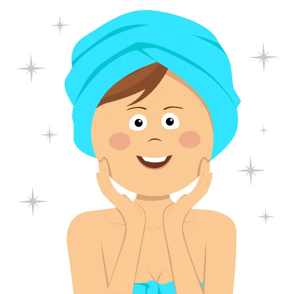 Jovem mulher bonito mostrando sua pele facial com o cabelo enrolado por toalha —  Vetores de Stock
