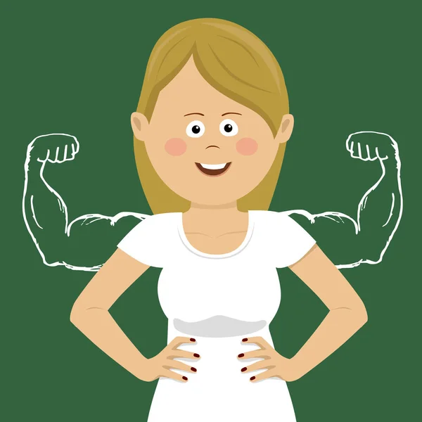 Giovane donna felice con abbozzato braccia forti e muscolose — Vettoriale Stock