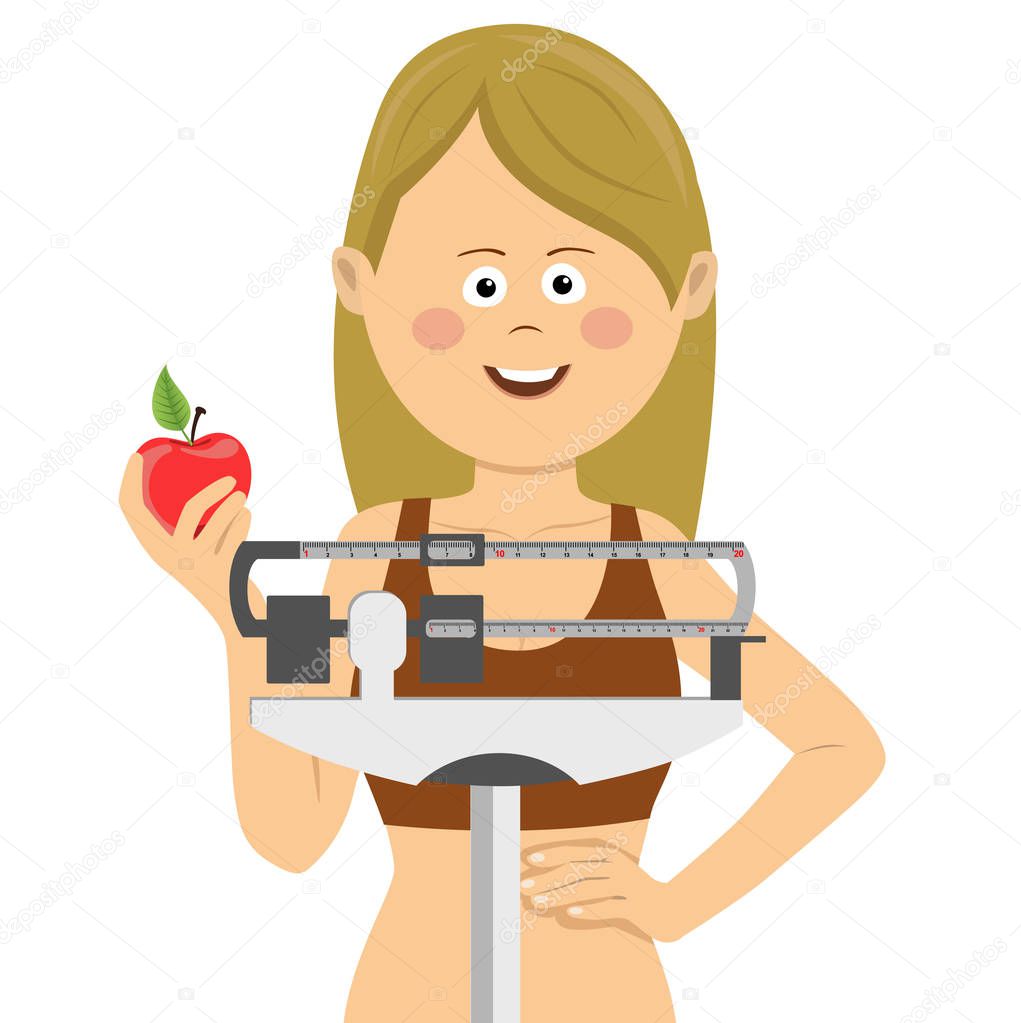 Young cute woman standing on weighing scale holding red apple. Healthy food concept